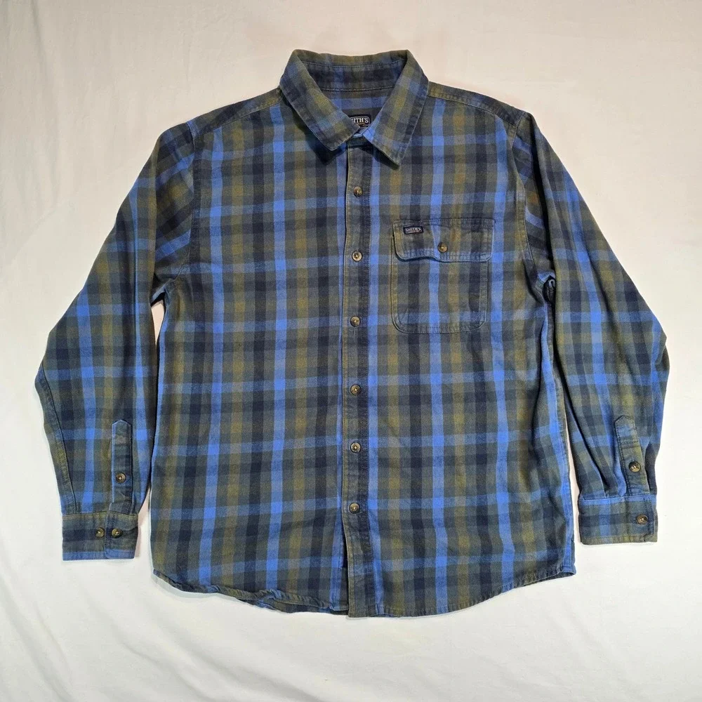Smiths Workwear Mens Large‎ Flannel Shirt Blue Olive Green Plaid Long Sleeve L
